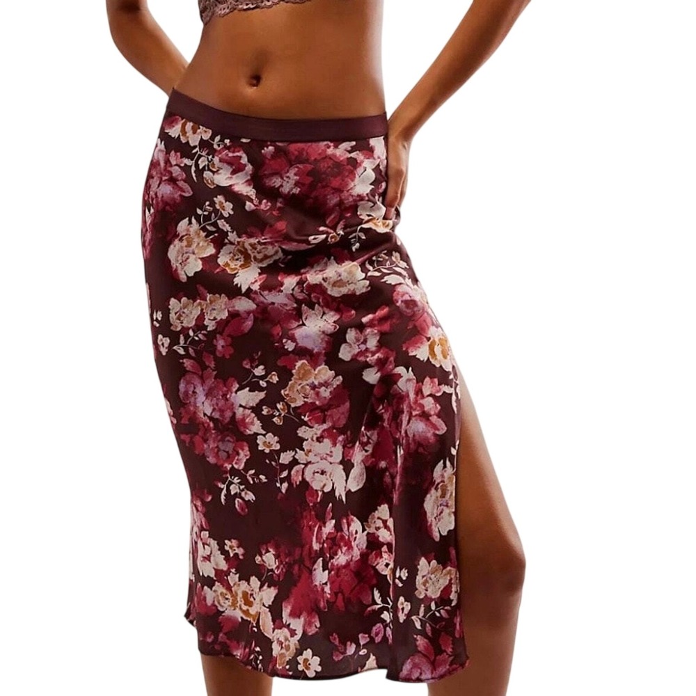 Free People Intimately Floral Midi Skirt Burgundy Mauve Satin Side Slit SMALL
